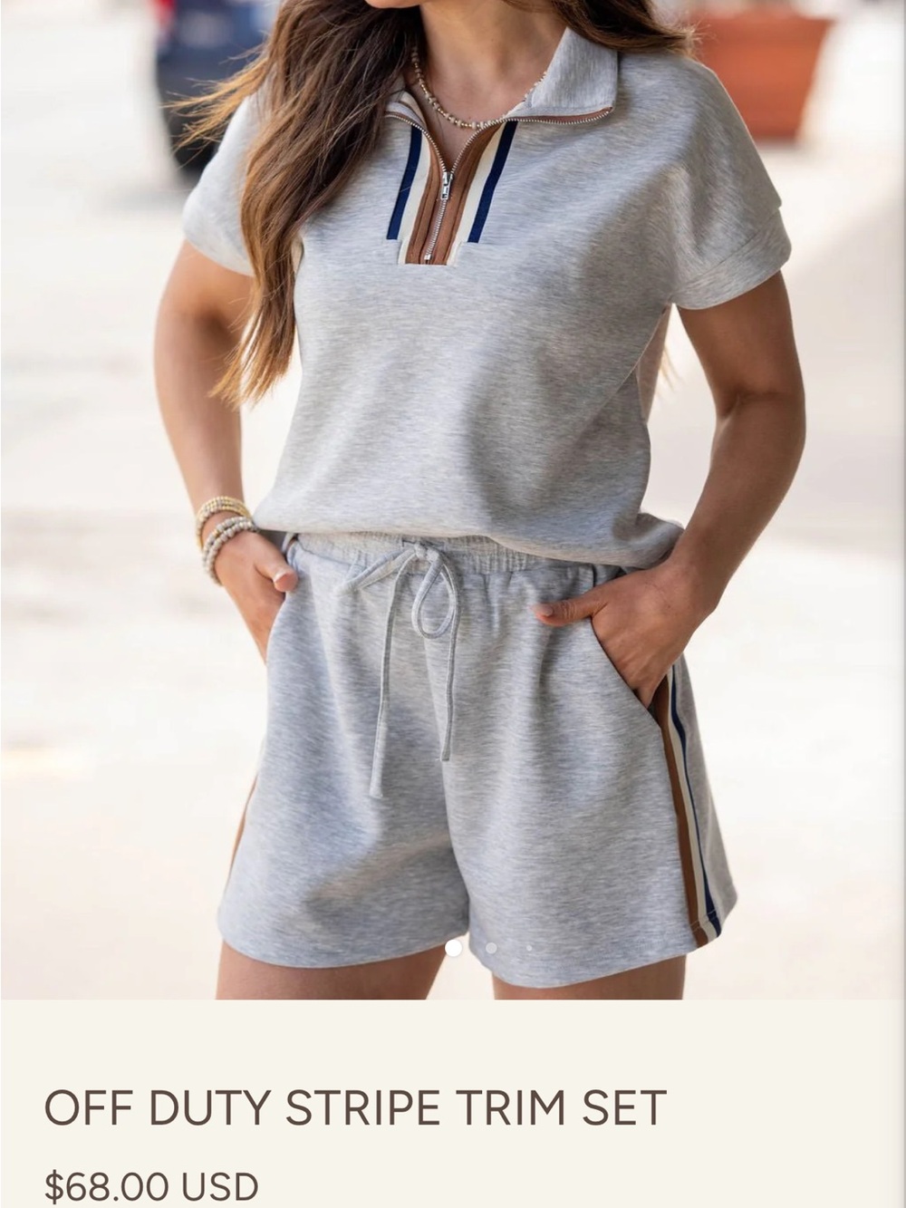 Grey Short Sleeve Sweatshirt and Drawstring Shorts Set with Stripe Trim